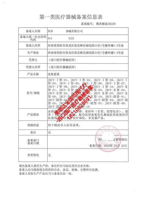 合規(guī)快人一步 洛陽(yáng)客戶(hù)成功獲取臭氧套袋一類(lèi)醫(yī)療器械備案憑證